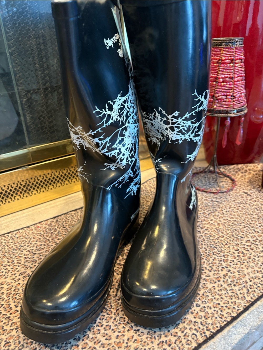 Sporto Black Rain Boots with White Branch Print.  Size 8